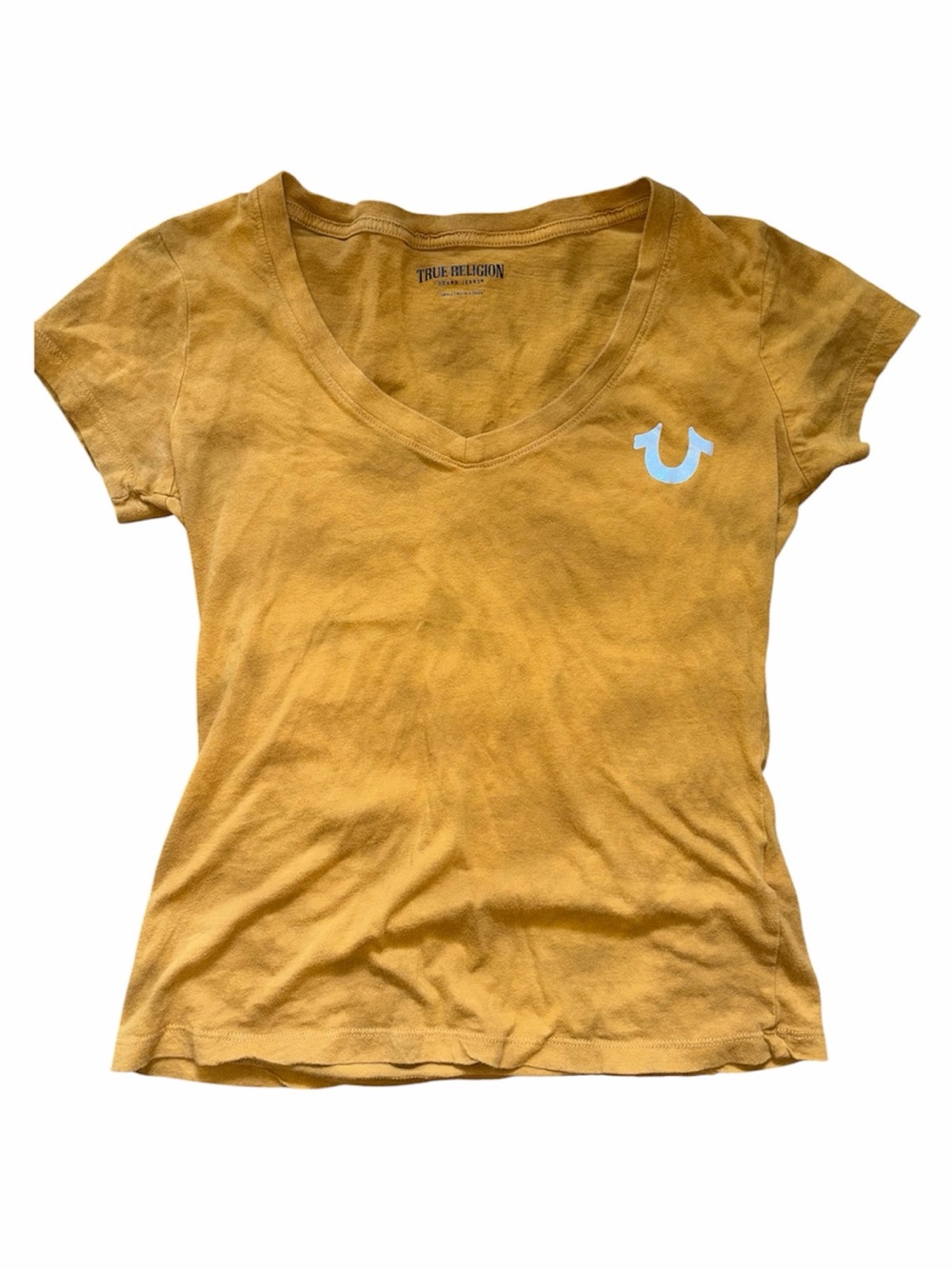 True Religion Mustard Yellow Mottled Vintage Wash V Neck Tee Horseshoe Logo Y2K